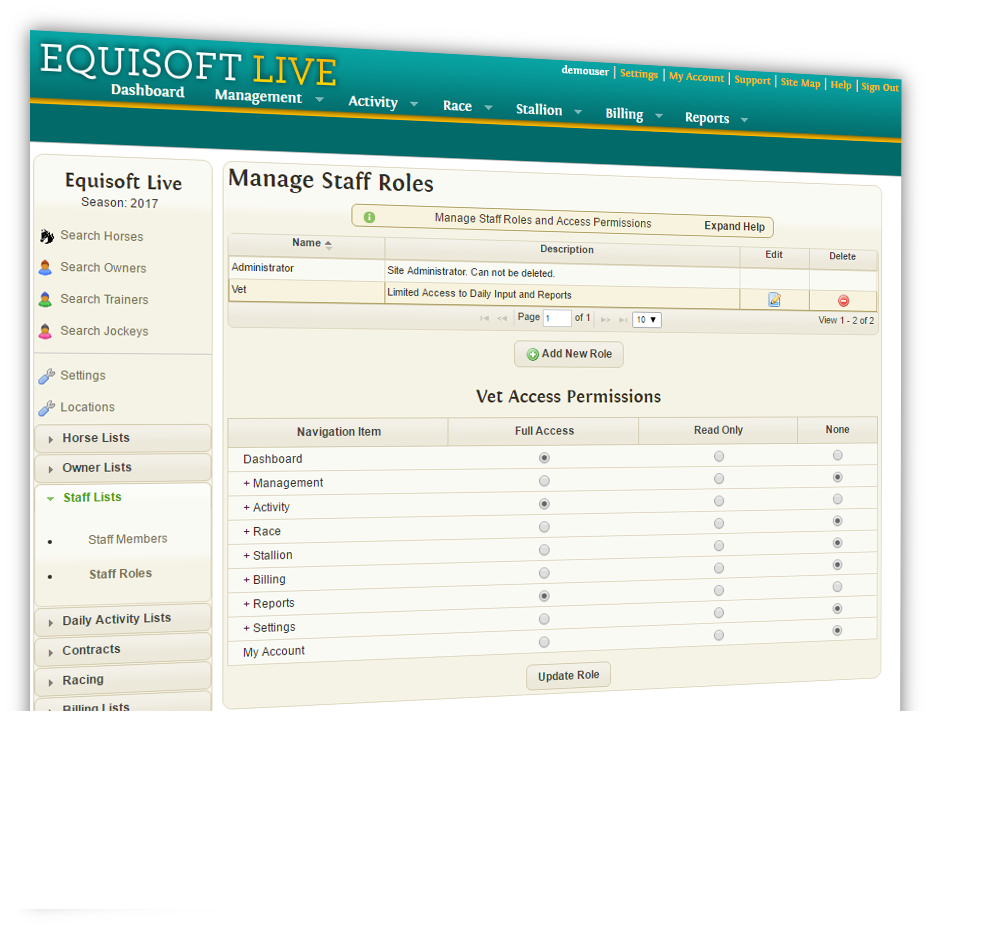 EquisoftLive Additional User Logins Package Staff Roles