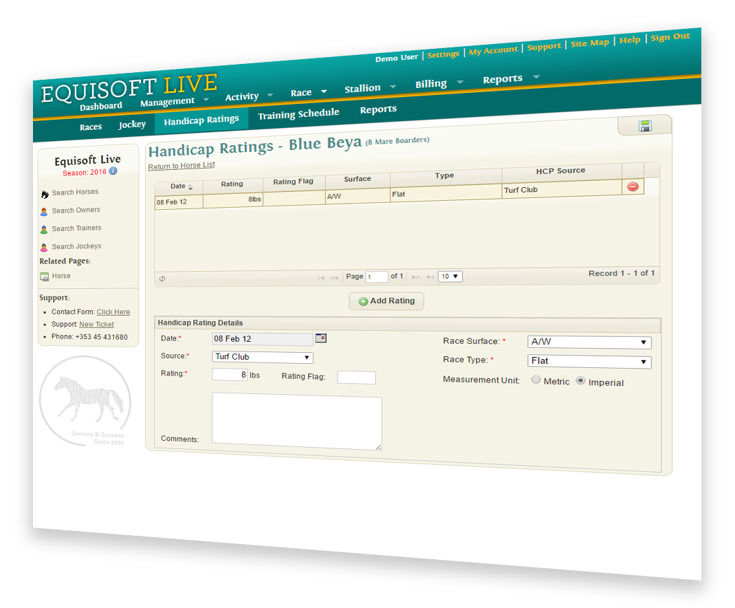 EquisoftLive Racing Package Handicap Ratings