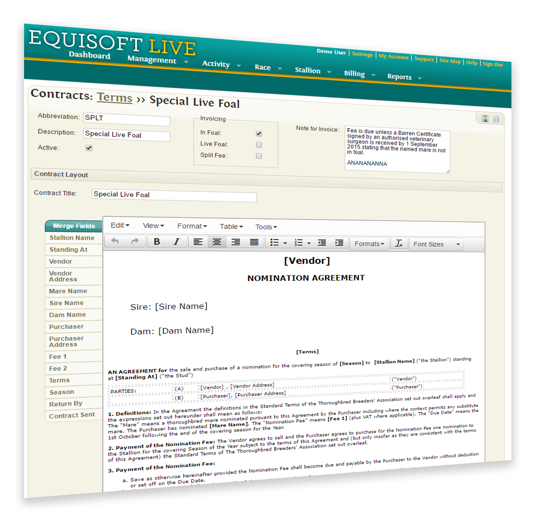 EquisoftLive Stallion Contract Editor