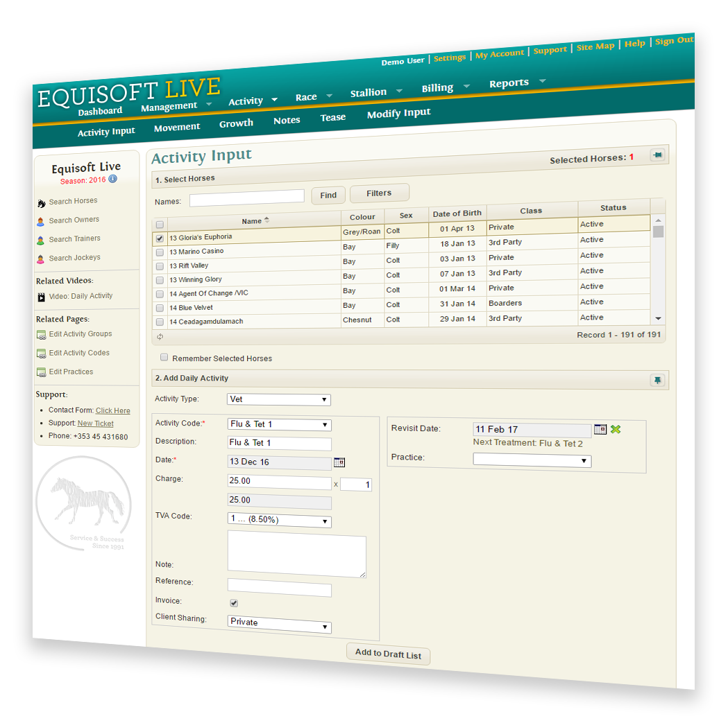 EquisoftLive Standard Package Activity Recording