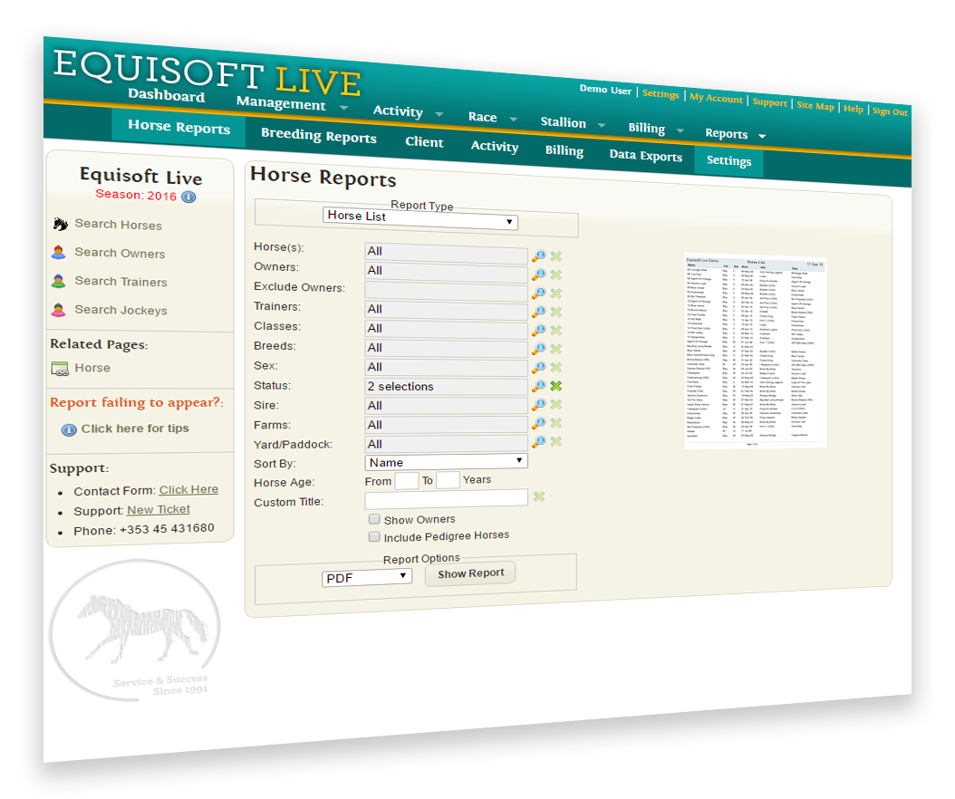 EquisoftLive Standard Package Reporting